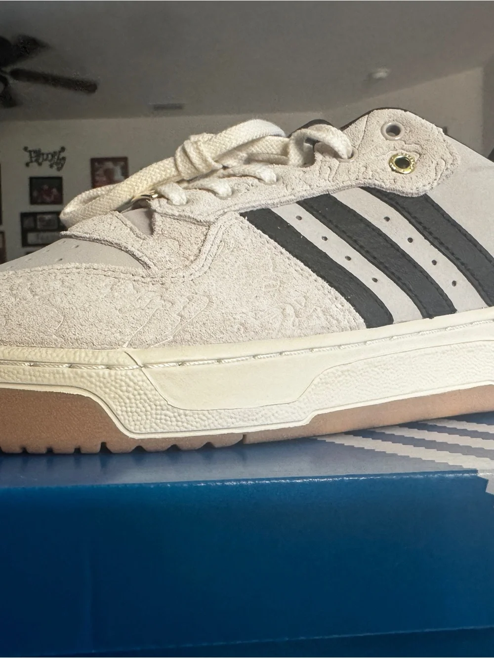 100 Thieves & Nadeshot adidas Men’s Cream Suede Sneakers with Black Stripes